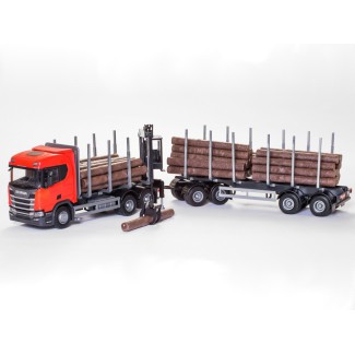 Emek 71605 Scania R450 6x4 transporter drewna czerwony z żurawiem kabinowym i przyczepą