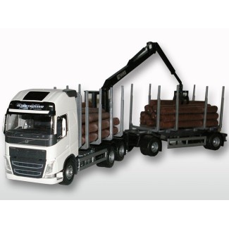 Emek 71352 Volvo FH16 750 transporter drewna biały z żurawiem i przyczepą