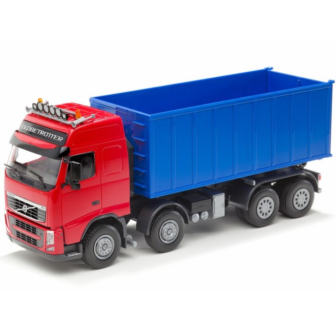 Emek 20855 Volvo FH hakowiec czerwony z kontenerem wysokim niebieskim