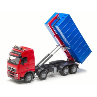 Emek 20855 Volvo FH hakowiec czerwony z kontenerem wysokim niebieskim