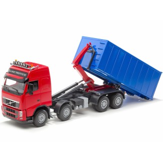 Emek 20855 Volvo FH hakowiec czerwony z kontenerem wysokim niebieskim