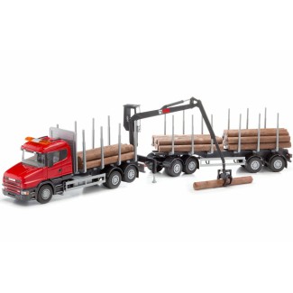 Emek 71405 Scania T164 V8 transporter drewna czerwony z żurawiem i przyczepą