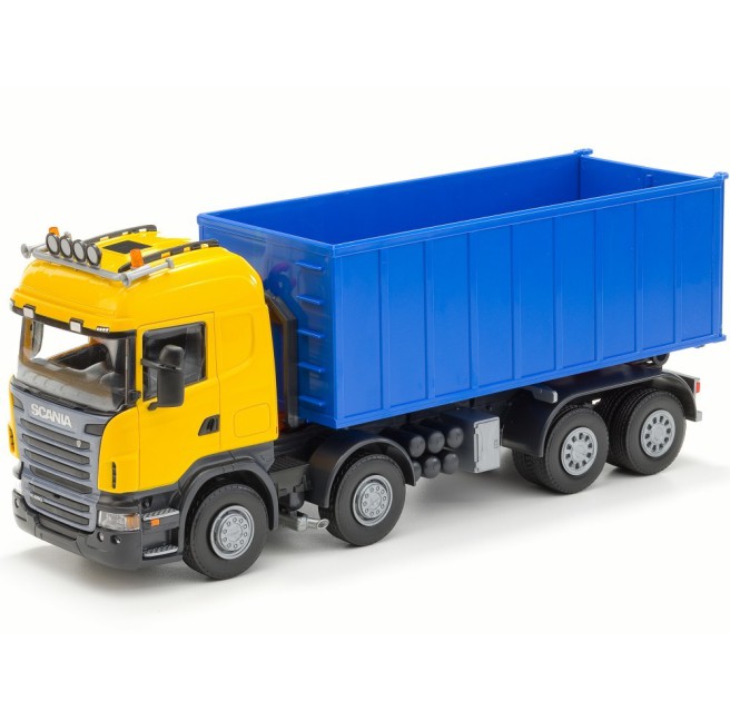 Emek 20809 Scania R hakowiec żółty z kontenerem wysokim niebieskim