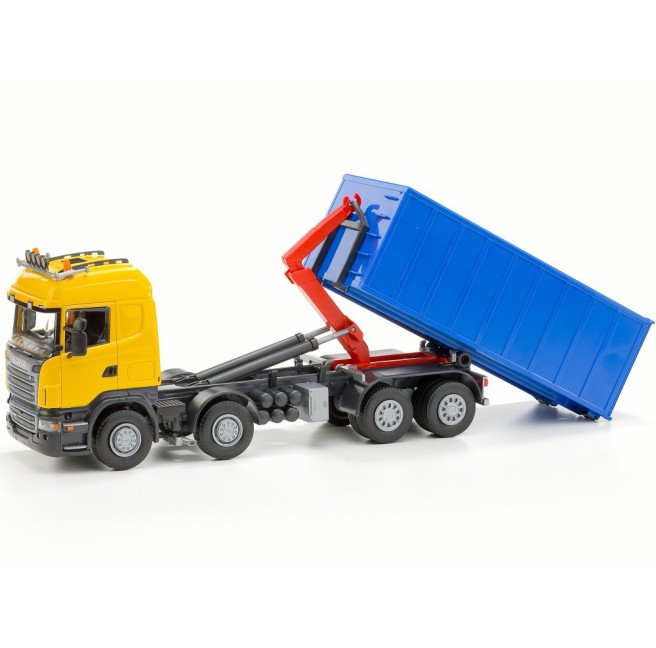 Emek 20809 Scania R hakowiec żółty z kontenerem wysokim niebieskim