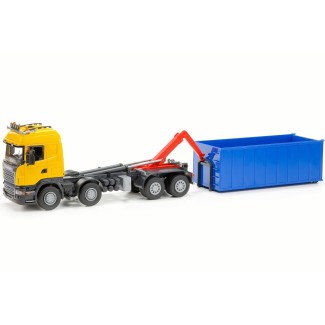 Emek 20809 Scania R hakowiec żółty z kontenerem wysokim niebieskim