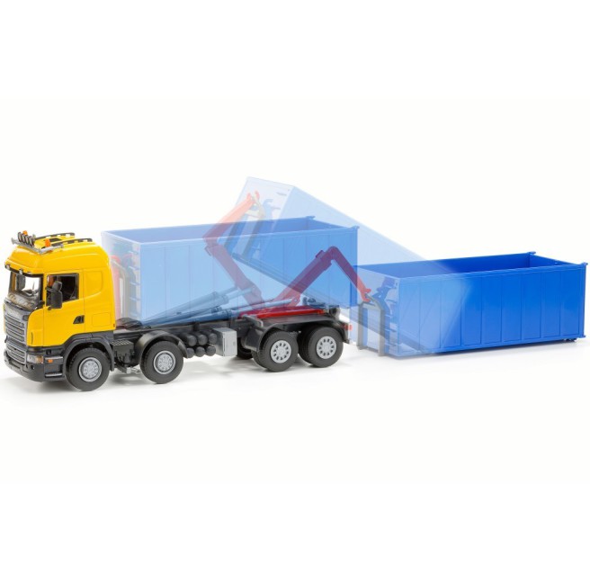 Emek 20809 Scania R hakowiec żółty z kontenerem wysokim niebieskim