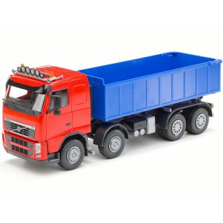 Emek 20755 Volvo FH hakowiec czerwony z kontenerem niskim niebieskim