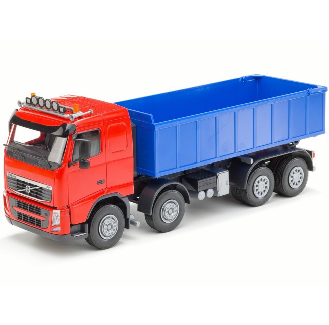 Emek 20755 Volvo FH hakowiec czerwony z kontenerem niskim niebieskim