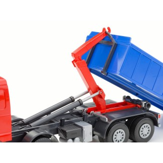 Emek 20755 Volvo FH hakowiec czerwony z kontenerem niskim niebieskim