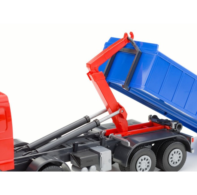 Emek 20755 Volvo FH hakowiec czerwony z kontenerem niskim niebieskim