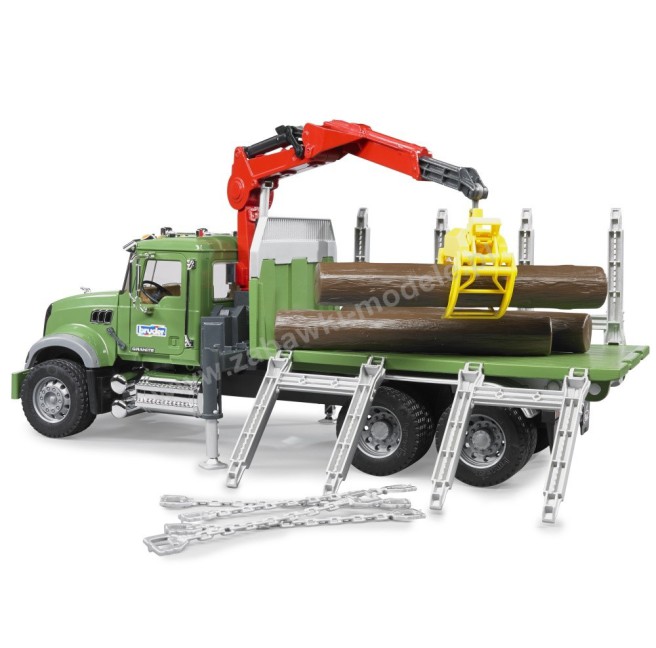 Bruder 02824 Mack Granite z przyczepą, żurawiem i pniami