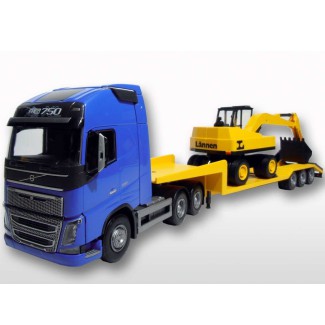 Volvo FH16 niebieski z naczepą i koparką