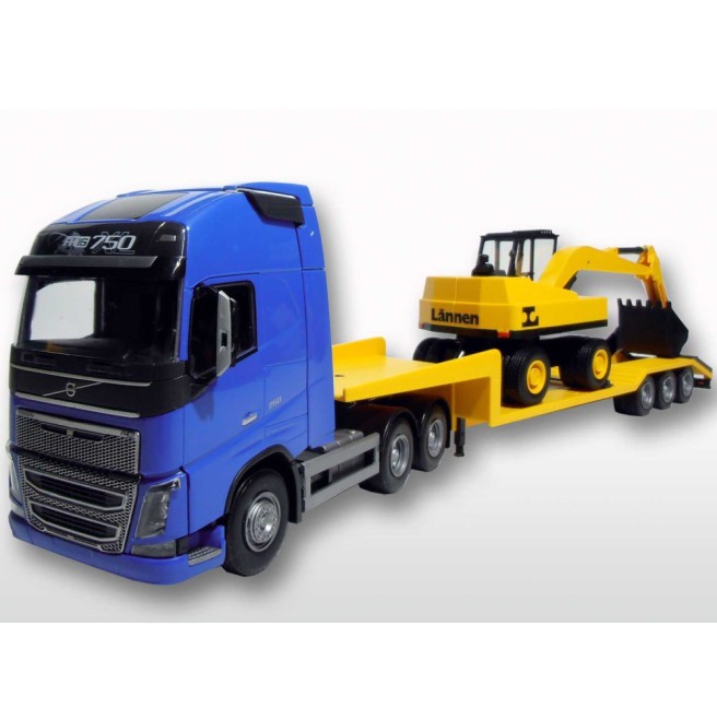Volvo FH16 New Blue Truck with Trailer and Excavator 1:25 Scale Model