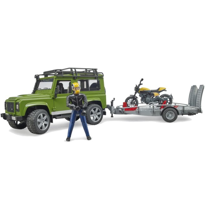 Bruder 02589 Land Rover Defender z przyczepą, motocyklem i figurką