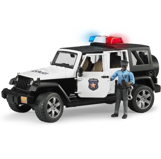 Bruder 02527 Jeep Wrangler Unlimited Rubicon policyjny z figurką policjanta czarnoskórego i z modułem