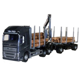 Emek 71353 Volvo FH16 750 transporter drewna czarny z żurawiem i przyczepą