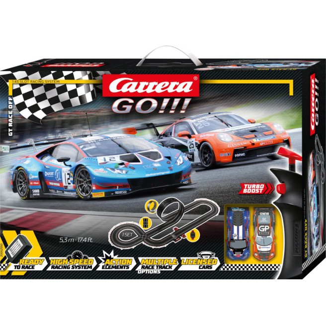 GO!!! GT Race Off 5.3m Electric Slot Car Racing Set with Porsche 911 and Lamborghini Huracán