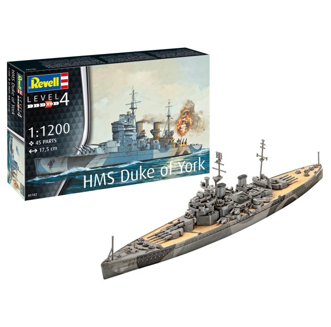 Model of the warship HMS Duke Of York in 1:1200 scale by Revell.