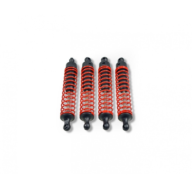 Four red Carson 82 mm car shock absorbers for RC models.