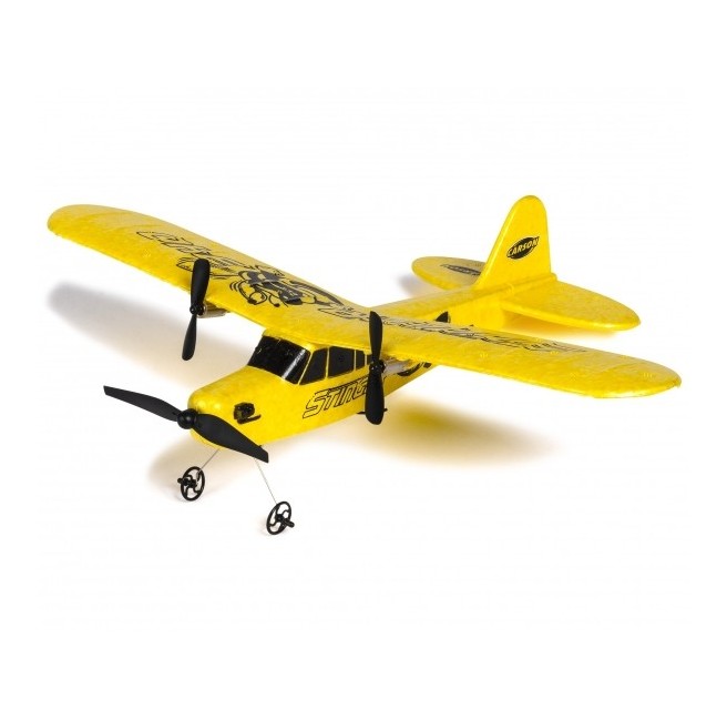Yellow model airplane Stinger 340 RTF by Carson on a white background.