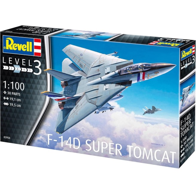 Model of the F-14D Super Tomcat Revell airplane in 1:100 scale on the box.