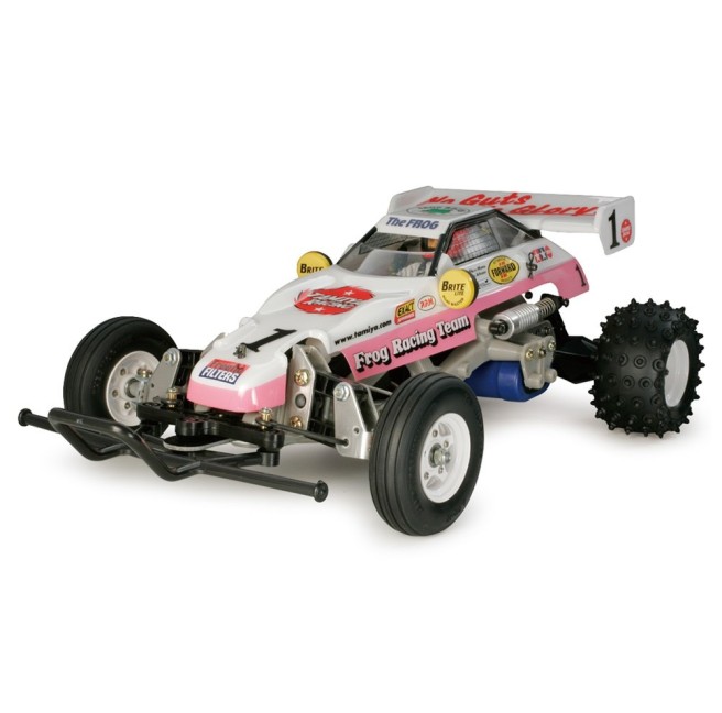 Modell eines ferngesteuerten Autos The Frog 2WD Buggy der Marke Tamiya im Maßstab 1/10.