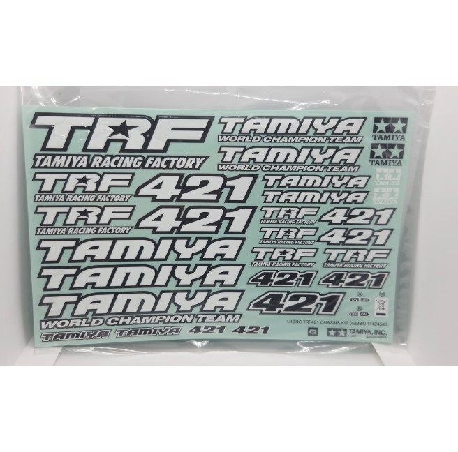 Stickers with the TRF421 logo for Tamiya car models.