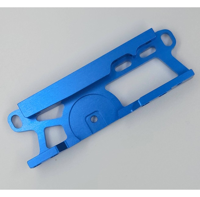 Blue TRF421 engine mount for Tamiya models on white background.