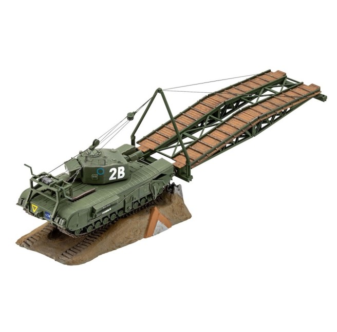 Churchill A.V.R.E. tank model with folding bridge in 1:76 scale