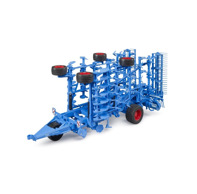 Model of the toy cultivator Lemken Koralin 9 by Bruder in blue color.