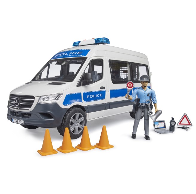 Toy Mercedes-Benz Sprinter police vehicle with figure and Bruder accessories