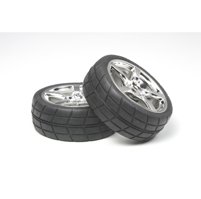 Tamiya 53955 RC 5-Spoke Metal Plated Wheels with Cemented Radial Tires